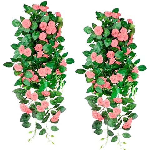 Shyshining Artificial Hanging Flowers 2PCS UV Resistant Artificial Rose Wire Vine Hanging Plants for Indoor Outdoor Garden Porch Eave Balcony Wall Decor(Pink) Cover
