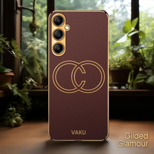 Image of Vaku Luxos Skylar Back Cover Case for Samsung Galaxy A14 5G with Leather Pattern Design Gold Electroplated Soft TPU Cover| Shockproof Protective Case - Brown