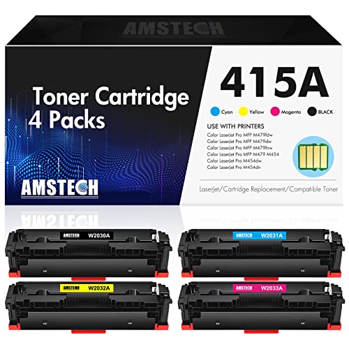 Amstech 4er-Pack Mit Chip 415A 415X Tonerkartusche als Ersatz für W2030A W2031A W2032A W2033A W2030X MFP M479fdw Toner Color Laserjet Pro M479dw M479 M479fnw M479fdn M454dw M454dn M454 Cover