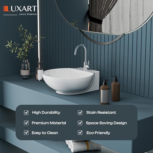 Image of LUXART Tabletop Wash Basin For Bathroom - 12 x 12 x 5 Inc Ceramic Glossy White Wall Hung & Countertop Washbasin | Vessel Sink For Hotel, Dining Hall, Vanity | Over counter Top Washroom Sink