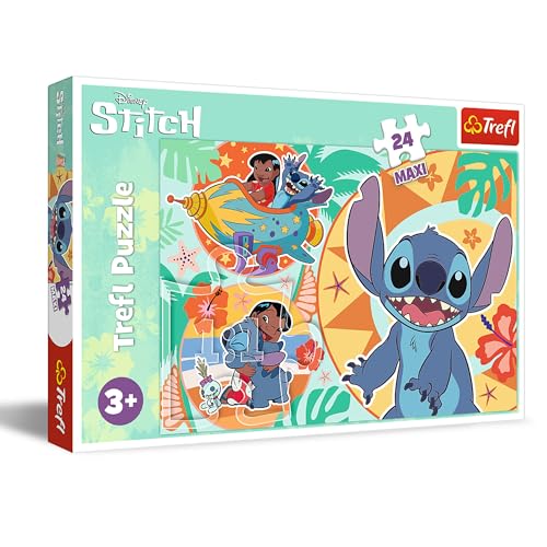 Trefl - Lilo & Stitch, Joyeuse journée de Lilo & Stitch - Puzzle 24 Maxi - 24 Grandes Pièces, Puzzle Colorés avec Personnages de Bande Dessinée, Loisir pour Les Enfants à partir de 3 Ans