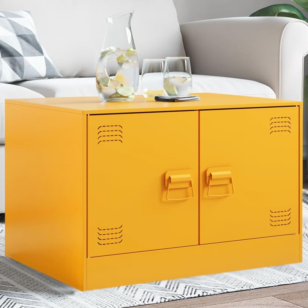 Table basse jaune moutarde compacte en acier pour égayer un salon sombre