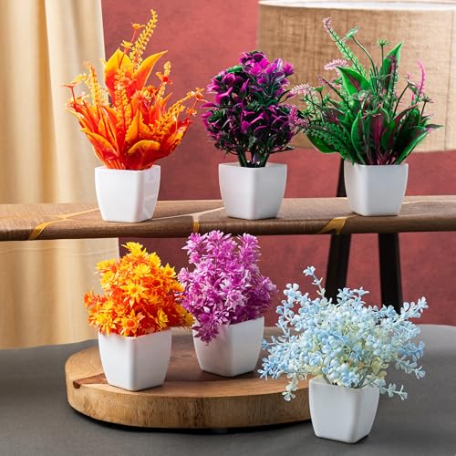 Image of JH Gallery Artificial Plants, Small Indoor Potted Houseplants for Home Decor, Decoration Items for Living Room, Office and Bedroom, Artificial Plants with Pot (Pack of 6)