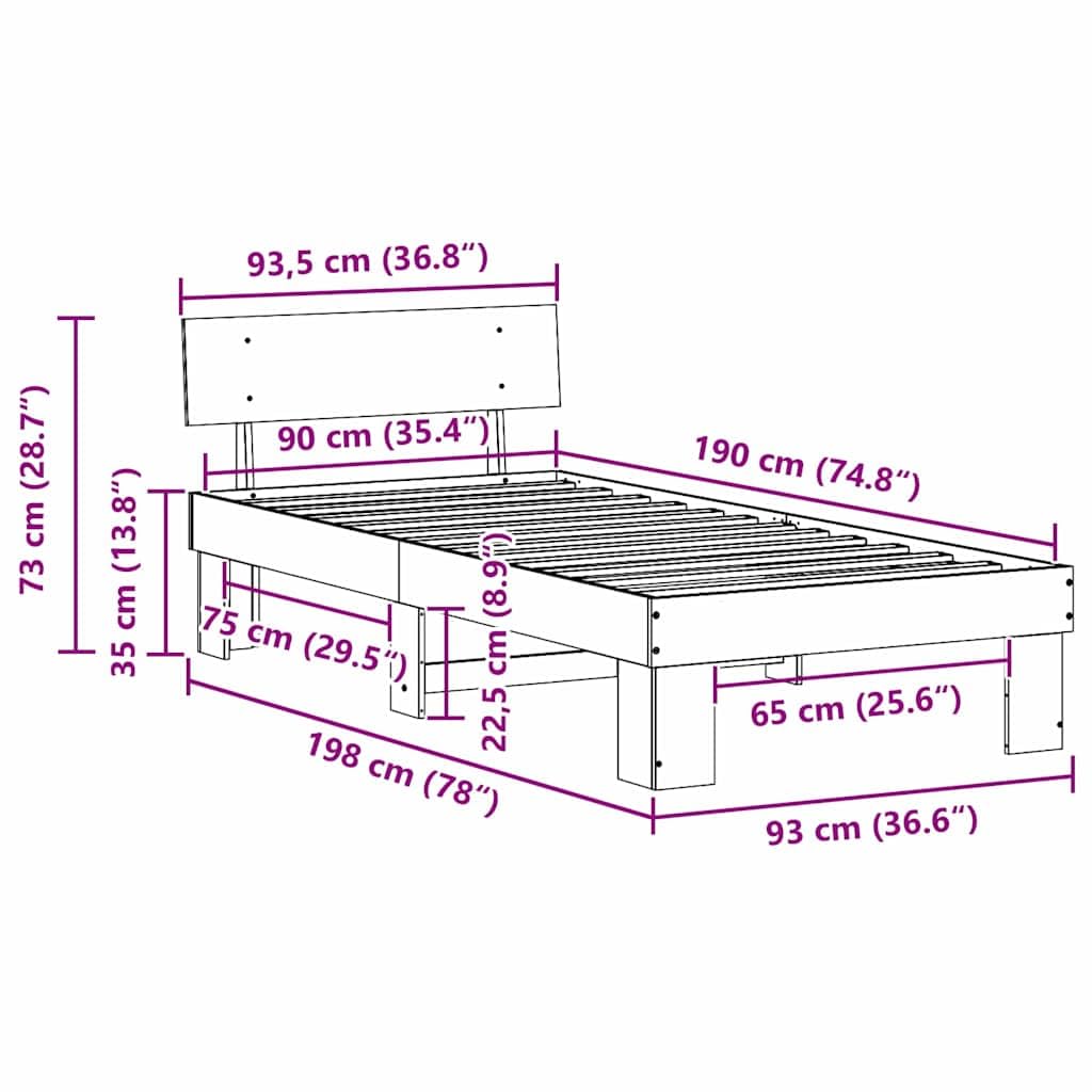 vidaXL Cadre de lit avec tête de lit Naturel 90 x 190 cm Pin Massif, Cadre de lit en pin rectangulaire, Design Moderne Robuste pour Chambres contemporaines, Solution de mobilier Pratique