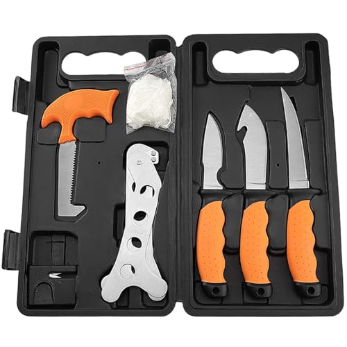 NEW VIEW Deer Processing Hunting Knife Set, 8 PCS Game Field Dressing Kit Gift for Men, Includes Skinning Boning Knives, Gut Hook, Bone Saw, Rib Spreader, Sharpener, Gloves, Case