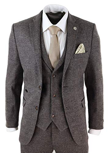 Mens Wool 3 Piece Check Suit Tweed Brown Tailored Fit Gatsby 1920s3
