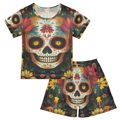 ALAZA Sugar Skull and Flowers Pajama Set Short Sleeve Sleepwear Soft Lounge Nightwear