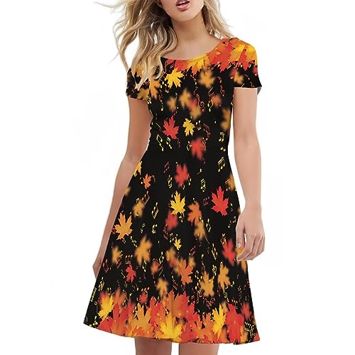 Image of POLERO Sunflower Dress for Women Floral Summer Dresses Short Sleeve Casual Sundresses Midi Dresses