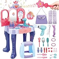 deAO Toddler Vanity Makeup Table with Mirror & Chair, Kids Vanity Playset with Lights, Pretend Play Makeup Toy with Hair Dryer, Toddler Beauty Salon Set, Princess Dress Up Playset