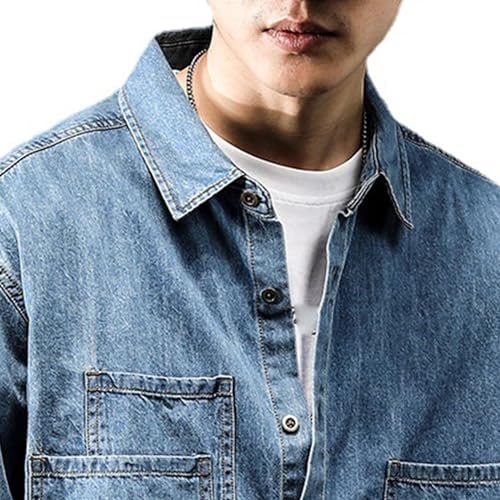 DGKaxiyaHM Men's Distressed Casual Denim Shirt Classic Vintage Long Sleeve Jean Coat Washed Button Down Outerwear (3X-Large,Blue 1)4