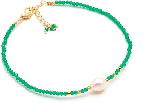 POSHPENDANT Handmade Green Jade and Pearl Bracelet, 7+1 Inch Adjustable Dainty J