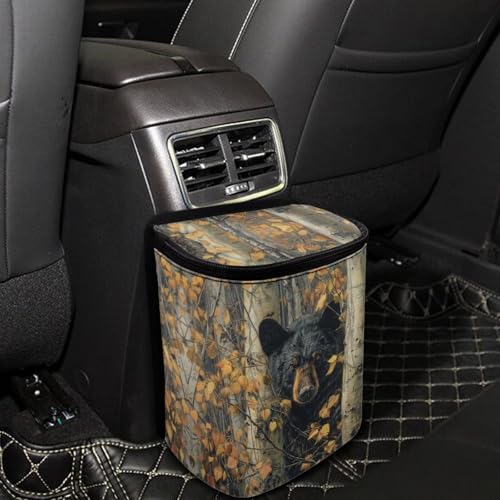 Image of Talayituse Bear Hunting Camo Print Car Trash Can with Lid, Leak Proof Auto Trash Bag Hanging Vehicle Garbage Can Multipurpose Storage Container for Back Seat Road Trip