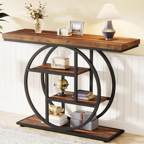 Tribesigns 41.3" Console Table, Industrial 4-Tier Sofa Table Entryway Table with Circle Base, Narrow Wood Accent Tables with Storage Shelves for Living Room, Hallway, Foyer, Rustic Brown - Image 4