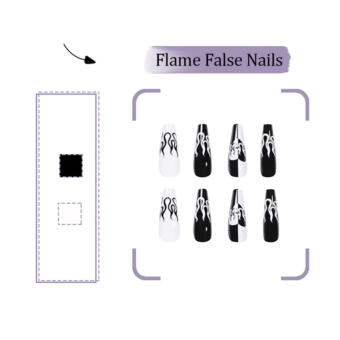 Unghie finte a ballerina lucide, 24 pezzi, unghie finte lunghe bianche e nere con design a cuore e fiamma, copertura completa, unghie artificiali, per donne e ragazze, per saloni di feste