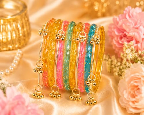 Image of JPS 16 Pcs Trendy Stylish Glass & Kashmiri Ghungroo Bangles Set for Women & Girls | Gold-Plated Traditional Festive Wedding Party Jewellery Chudi Set (12 Glass + 4 Metal)