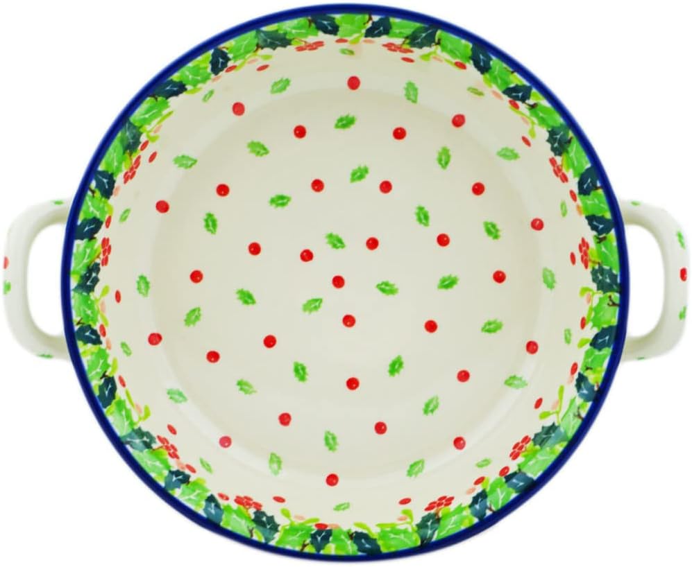Polmedia Polish Pottery Round Baker with Handles - Winter Rowan Pattern Handmade in Boleslawiec Poland by Ceramika Artystyczna + Certificate of Authenticity