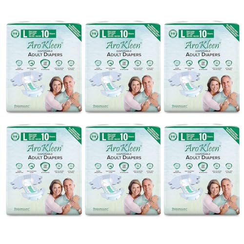 Image of AroKleen (ISI CERTIFIED) Adult Diapers Tape Style | Large (L) Size, 60 Count, Waist Size (102-150cm | 40 inch-59 inch inches), Unisex, High Absorbency, Leak Proof, Overnight Protection, Odour lock, Anti-Bacterial Absorbent Core-Pack of 6
