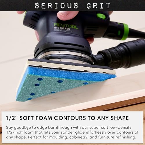 Image of Serious Grit - 3x5 1 /2 inch Foam Sanding Pads - 220-240 Grit Finish - 10 Pack | Fits Festool RTS 400 & Mirka DEOS - 80x133mm Foam Sandpaper for Profile Sanding, Cabinetry, Paint, & Moulding - Made in USA