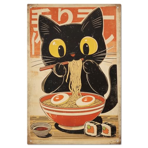 GLOBLELAND Plaque en Métal avec Chat Ramen Japonais Vintage 12x8 pouces Décoration Murale Amusante pour Maison Ferme Bar Café Club