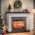 Naice 44" Electric Fireplace Mantel, Farmhouse TV Stand with Electric Fireplace Heater, Stacked Stone Surround and Remote Control 3D Realistic Flame, White Fireplace for Living Room Bedroom