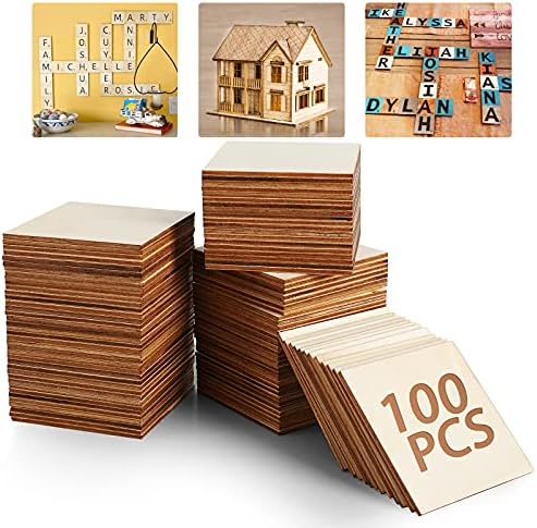 Unfinished Wood Board - 100Pcs 3 x 3in Blank Natural Slices Wood Square for DIY Crafts Painting, Scrable Tiles, Coasters, Pyrography, Decorations