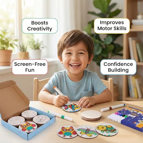 Image of HOBBY INDIA DIY Kids Coaster Art Craft Painting Kit Set | Pre-Marked Wooden MDF Materials | Gift for Boys & Girls | Perfect Coaster for Home, Office Use