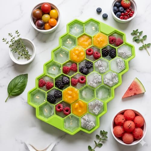 Image of Silicone Honeycomb Ice Cube Tray | 37 Cavity Flexible Freezer Mould Small Ice Cubes Tray | Soft Silicone Ice Maker for Whiskey Fridge Bar | Reusable & Lightweight - Blue & Greenn