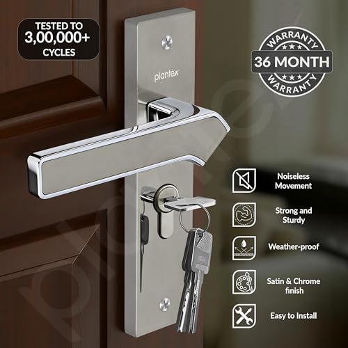 Image of Plantex Heavy-Duty Door Lock /Door Handle Set with 3 Years of Warranty /Mortise Lock with 3 Keys, Brass Lockbody & Cylinder (8133 - Satin Steel & Chrome)