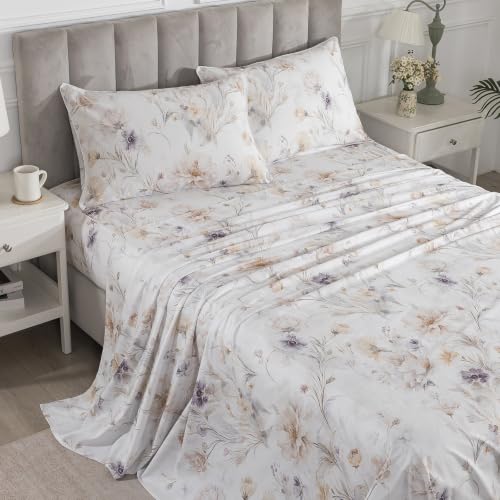 Image of Vintage Brown Floral Percale Sheets California King Deep Pocket | 100% Cotton White Printed Sheet Set, Light Coffee Flower Bed Sheets, Shabby Chic Designer Bedding, Farmhouse, Aesthetic, 4Pcs