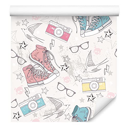 Muralo Tapete 10m Rolle Vlies Tapete Collage Graffiti Jugend Vögel Sterne...