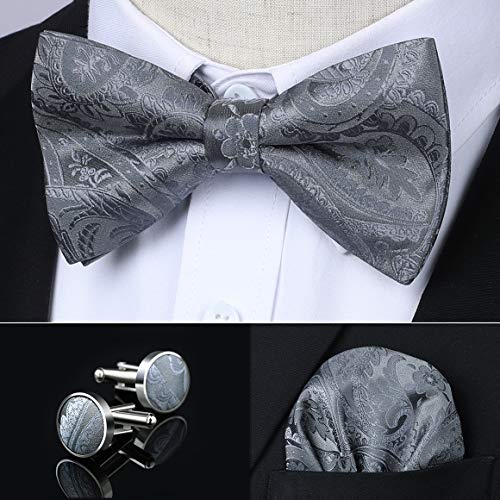 Image of HISDERN Bow Ties for Men Pretied Bow Tie Set Paisley Classic Bowties and Pocket Square Cufflinks Set for Wedding Party