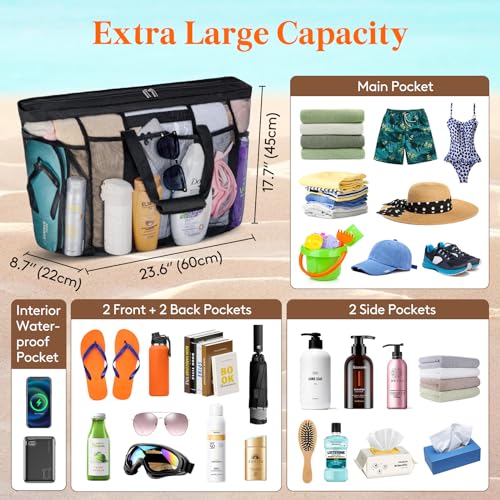 Lifewit Mesh Tote Bags for Women, Extra Large Mesh Tote Bags with Zipper and Pockets, Lightweight Shower Caddy, Beach Essentials for Family, Pool Bag Basket for Women Vacation, Swimmers Black2