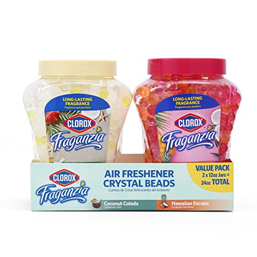 Clorox Fraganzia Crystal Beads Air Freshener Twin Pack, Coconut Colada and Island Escape Scents, Long Lasting Room Deodorizer Gel Beads for Home, Car, or Office, 12 Fl Oz Each - 2 Pack