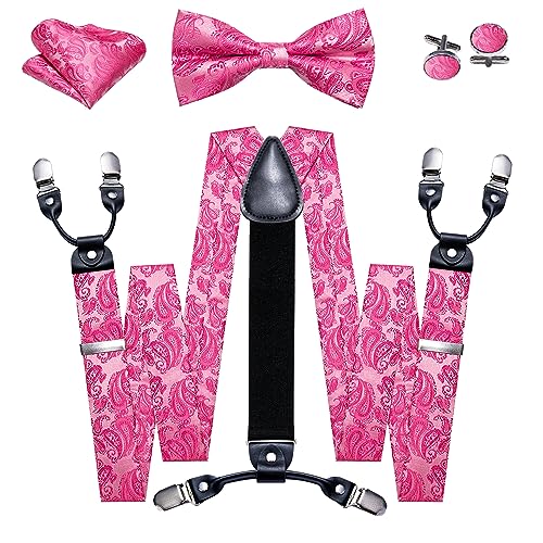 Image of YOHOWA Men Suspenders 6 Clips Strength Adjustable Y Braces Pre-Tied Bow Tie Set Formal Wedding Party