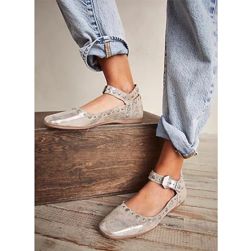 DOEYG Studded Mary Janes Ballet Flats Shoes for Women Square Toe Mary Jane Shoes Dressy Casual Ballerina Shoes with Buckle Strap2