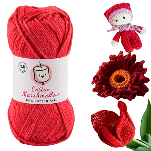 Image of NESTNHAVEN Cotton Marshmallow 100% Cotton Yarn - (50 g, 130 m) - Luxury Yarn for Crochet, Amigurumi, Embroidery, Toys, Garments, Flowers and Hobby Projects (Red)