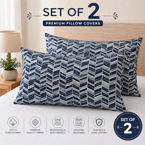 Image of Cotton Pillow Cover Set (1 Pair) | 20x30 Inch | Soft Breathable Cotton Fabric - Comfortable, Durable & Easy Care - 2 Pcs Set | Navy Chevron Stripe Print