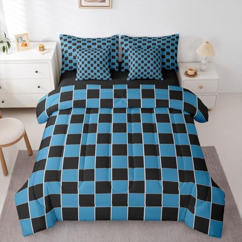 Image of Erosebridal Plaid Twin Bedding Set 7 Piece Navy Blue Black Checkerboard Bed in A Bag with Sheets Geometric Checkered Comforter Set for Kids Adults,Aesthetic Grids Bed Sets