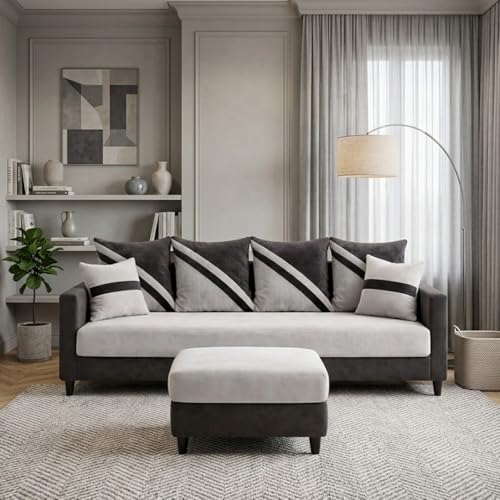 Image of SLEEPIFY Canza 4 Seater Sofa Set with Ottoman (Dark Gray - Light Gray) | Premium Soft Velvet | Plush Comfort Cushions | Modern Living Room Sofa | Spacious Comfortable Seating