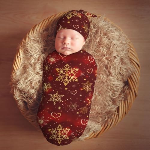 Image of Red and Gold Christmas Snowflake Heart Swaddle Blanket with Beanie Hat Set Newborn Swaddle Wrap Soft Baby Receiving Blankets Baby Swaddle Blanket for Baby Boys and Girls