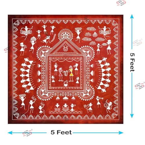 Image of S2S Varli Paint Design Backdrop Cloth | for Wedding Decoration Traditional Background Curtain Cloth | 5 Feet Height & 5 Feet Width