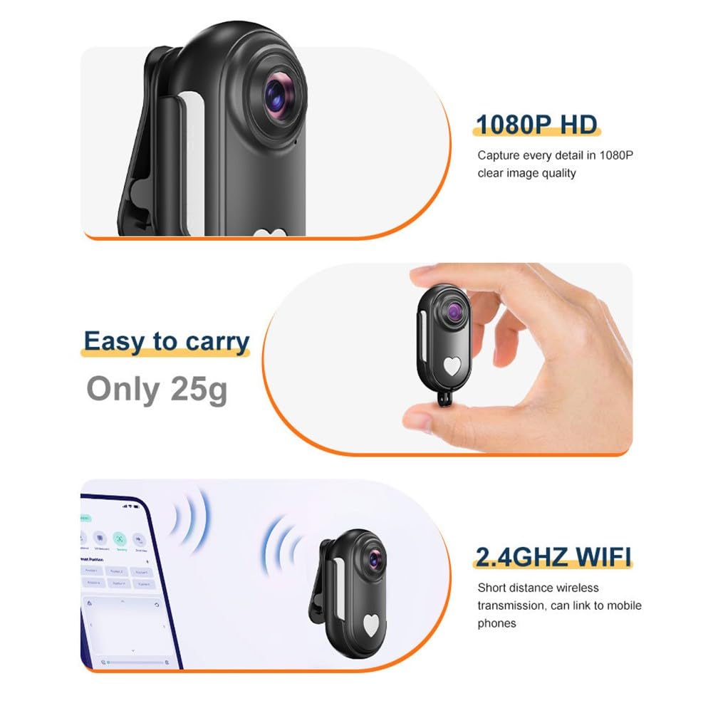 Cámara de acción WiFi para mascotas, HD para mini cámara de salpicadero con control de aplicación, cuerpo ABS compacto para ciclismo al aire libre y monitoreo de mascotas, color negro