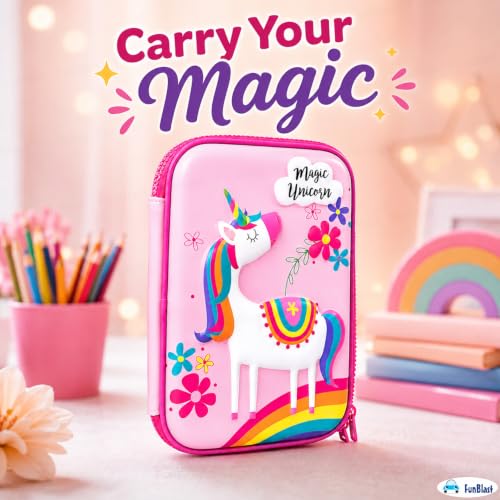Image of FunBlast Unicorn Pencil Case for Kids - Multipurpose Hard Top Canvas Zipper Pencil Case, Pen & Pencil Pouch Bag Case for School Supplies for Kids (Pink)