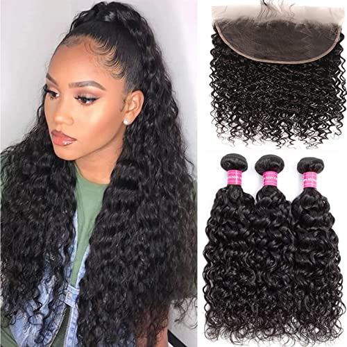 Water Wave Bundles with Frontal Water Wave Human Hair 3 Bundles with Frontal 13x4 HD Transparent Lace Frontal with Bundl