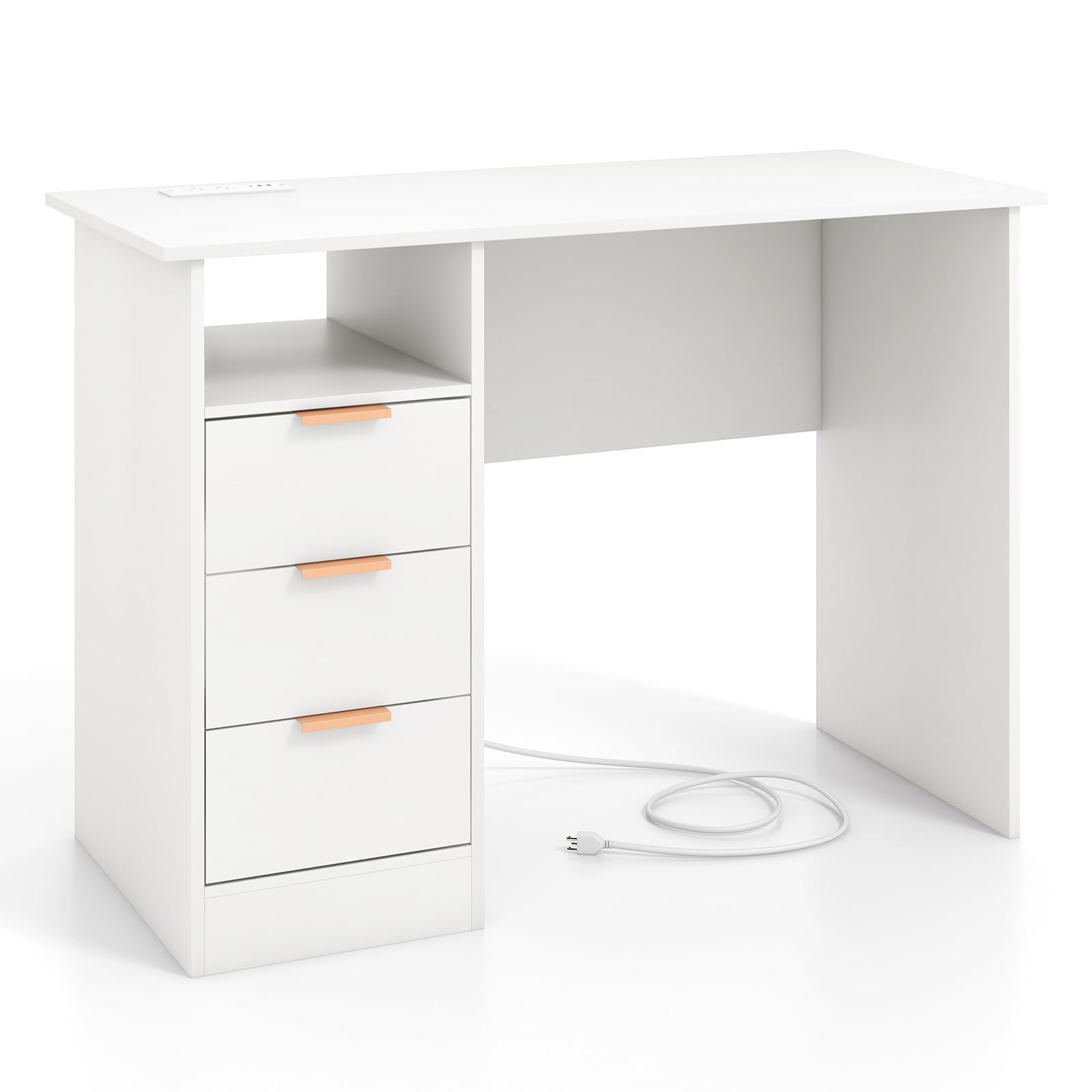 GIANTEX Escritorio de Ordenador con 3 Cajones Laterales y 1 Compartimento Abierto, Mesa de Trabajo con Estación de Carga, 108 x 48 x 76 cm, Escritorio para Dormitorio, Oficina (Blanco)