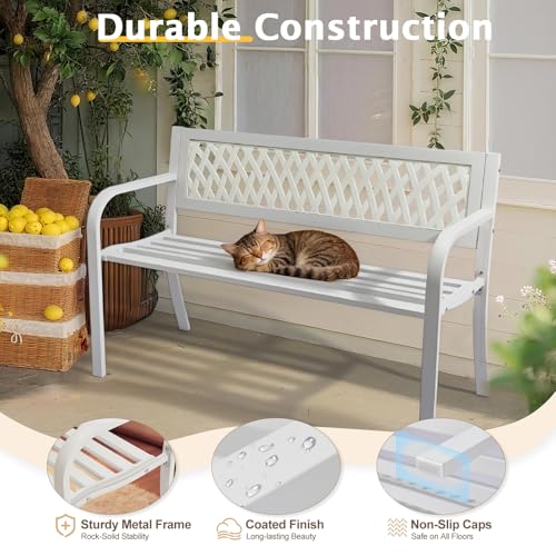 Image of VINGLI 47'' Outdoor Bench, Weather Resistant Garden Patio Bench Powder Coated Iron Frame w /PVC Mesh Backrest Slatted Seat, 2-Person Outdoor Furniture for Front Porch Entryway Park (White)