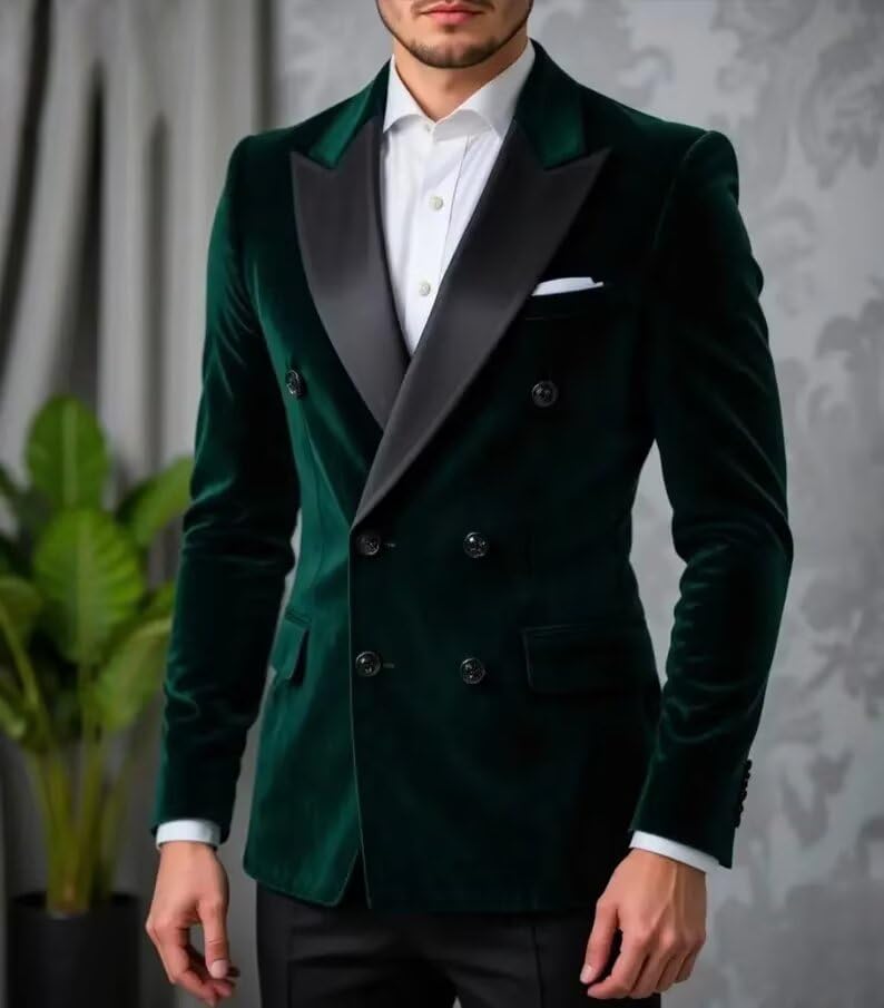Men's Velvet Tuxedo Suit 2 Piece Double Breasted Slim Fit Suit Wedding Prom Tuxedo Jacket Pants Set3