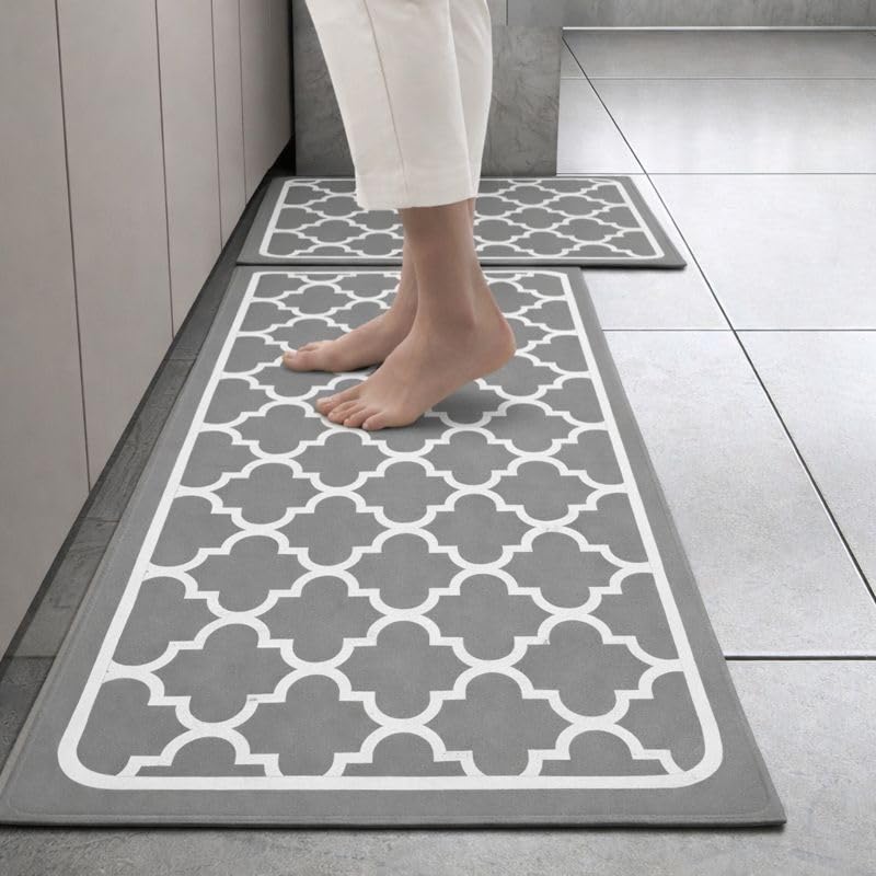 Image of HomeCloud Rubber Kitchen Mats For Floor Set Of 2 Pcs | Non-Skid, Soft Absorbent Rugs For Kitchen, Laundry, And Hallway | 120X40Cm, 40X60Cm| 4Mm Thickness (Trap Grey, Rectangular)