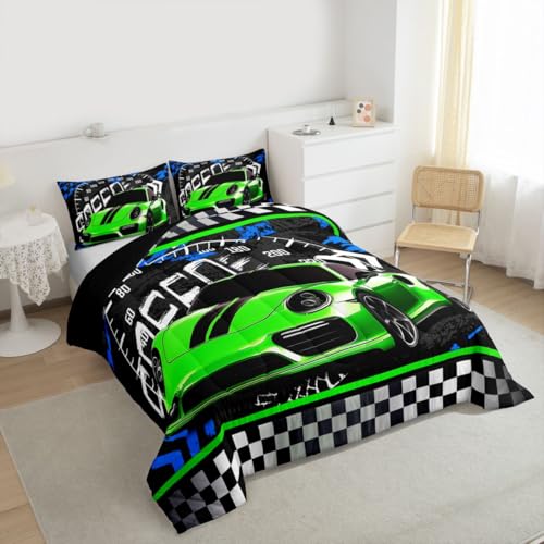 Image of Feelyou Boys Race Car Comforter Race Sports Car Bedding Set for Kids Boys Sports Theme Comforter Set Toddler Size Checkered Inner Fill Duvet Set Fluorescent Green 1 Comforter Set with 1 Pillowcase