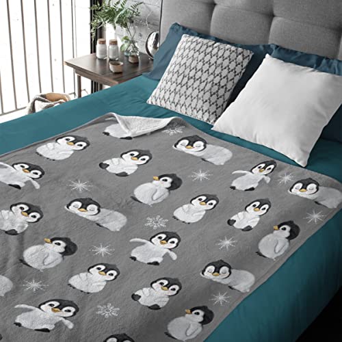 Thuswarm Cute Penguin Grey Flannel Throw Blanket Gifts Warm Cozy Soft Funny Print Blankets For Summer Room Decoration Bed Couch Sofa 50”×40” Small For Kid #TOP1